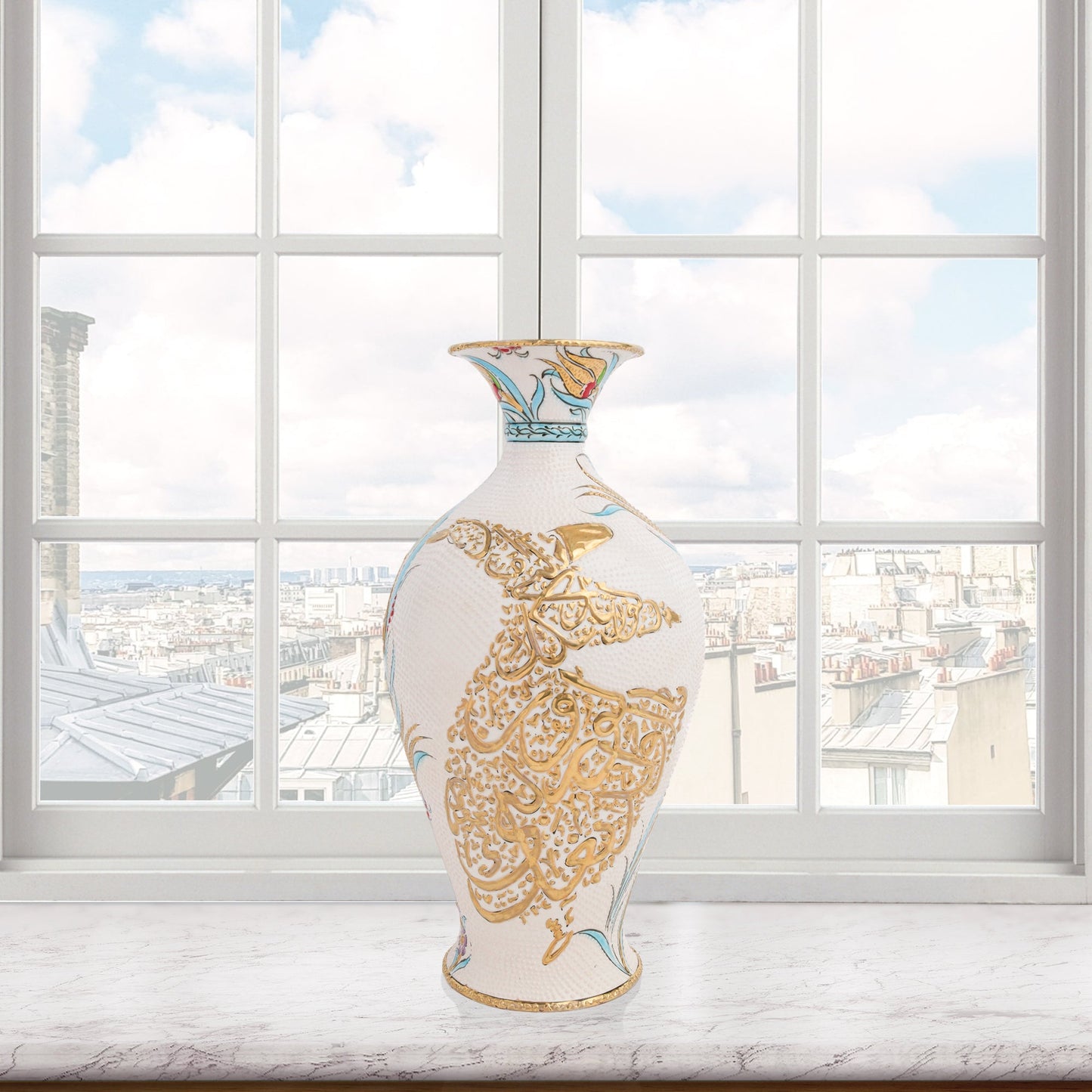 Handmade Ceramic Decorative Vase, Dervish Calligraphy Ceramic Vase, Golden Vase