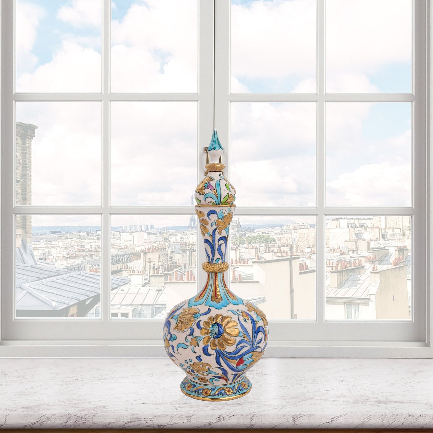 Handmade Ceramic Decorative Vase, Turquoise Blossom Ceramic Vase, Golden Vase