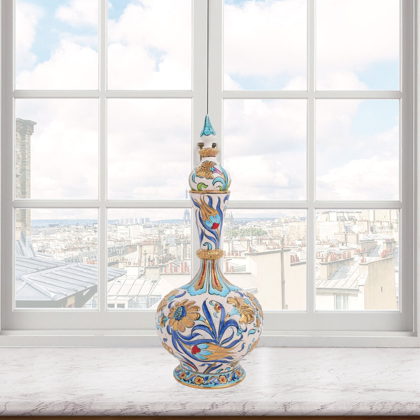 Handmade Ceramic Decorative Vase, Turquoise Floral Ceramic Vase, Golden Vase