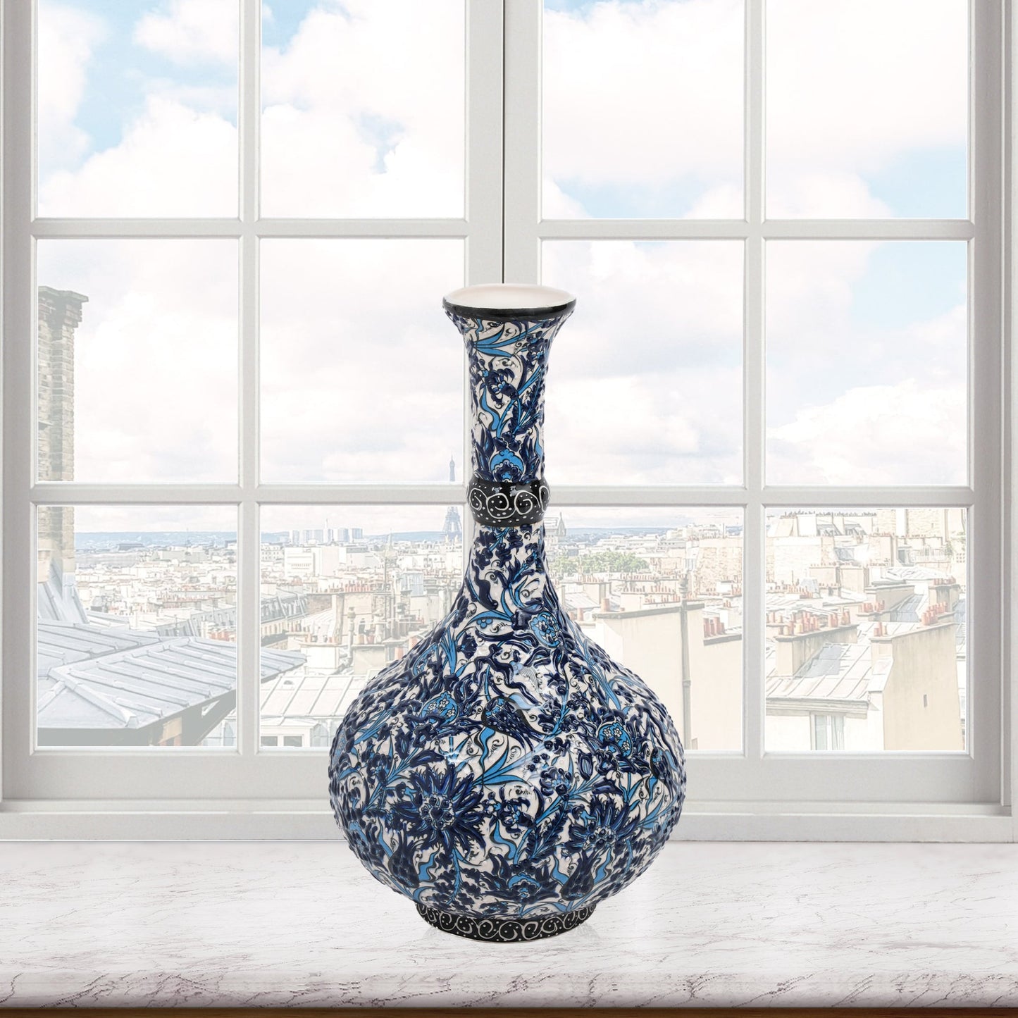 Handmade Ceramic Decorative Vase, Blue Floral Ceramic Vase