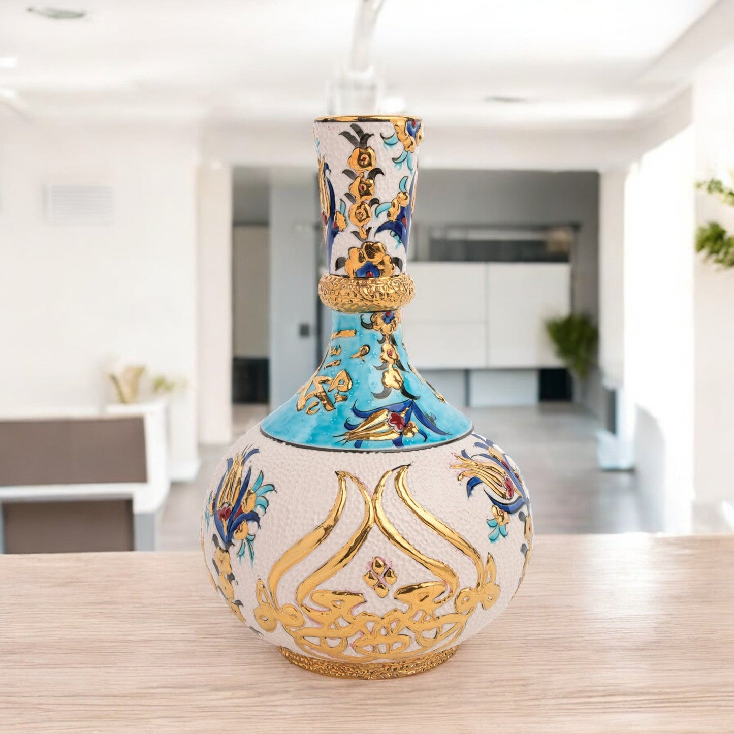 Handmade Ceramic Decorative Vase, Turquoise Calligraphy Ceramic Vase, Golden Vase