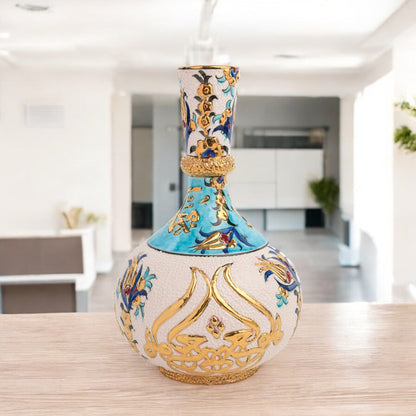 Handmade Ceramic Decorative Vase, Turquoise Calligraphy Ceramic Vase, Golden Vase