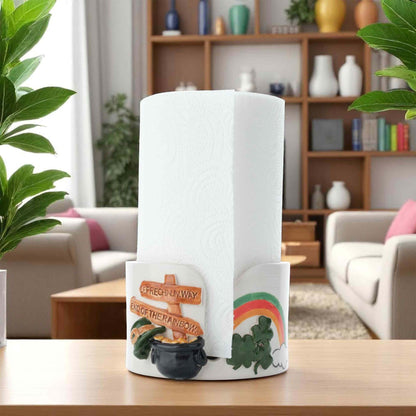Roll of paper towels with a decorative holder on a table in a living room setting