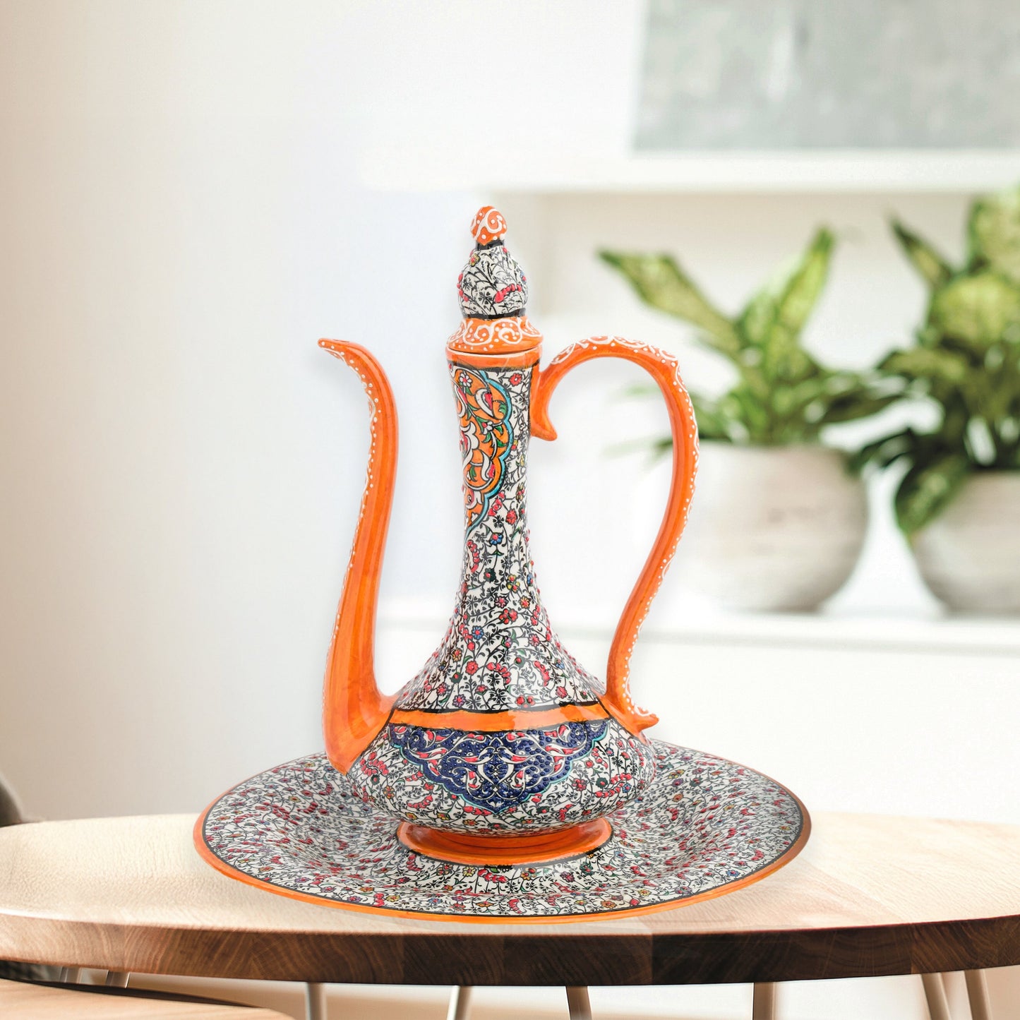 Hand-painted ceramic ewer and basin set with vivid orange accents and Ottoman floral motifs. Decorative artisan piece, 40 cm tall, perfect for cultural décor.