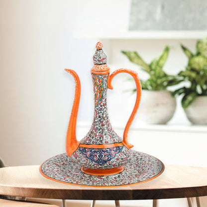 Hand-painted ceramic ewer and basin set with vivid orange accents and Ottoman floral motifs. Decorative artisan piece, 40 cm tall, perfect for cultural décor.