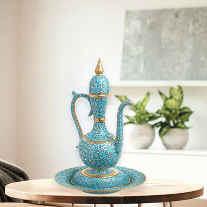 Hand-painted ceramic ewer and basin set with turquoise floral motifs and gold detailing. Tall Ottoman-inspired décor piece, perfect for display or gifting.