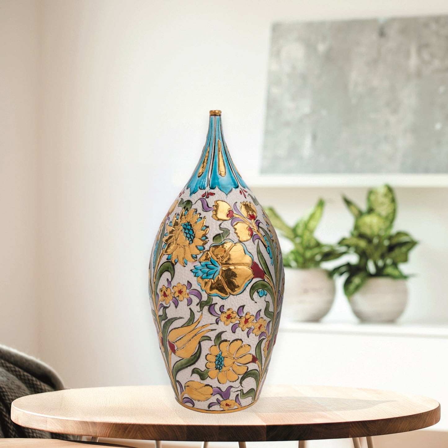 Hand-painted ceramic decorative bottle with Ottoman floral motifs and golden accents. Glossy glazed vase, artisan-made, perfect for elegant décor or gifts.