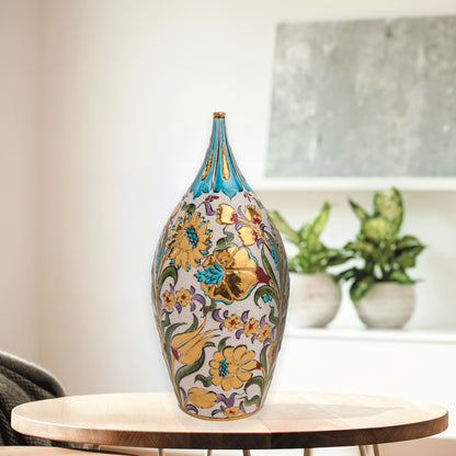 Hand-painted ceramic decorative bottle with Ottoman floral motifs and golden accents. Glossy glazed vase, artisan-made, perfect for elegant décor or gifts.