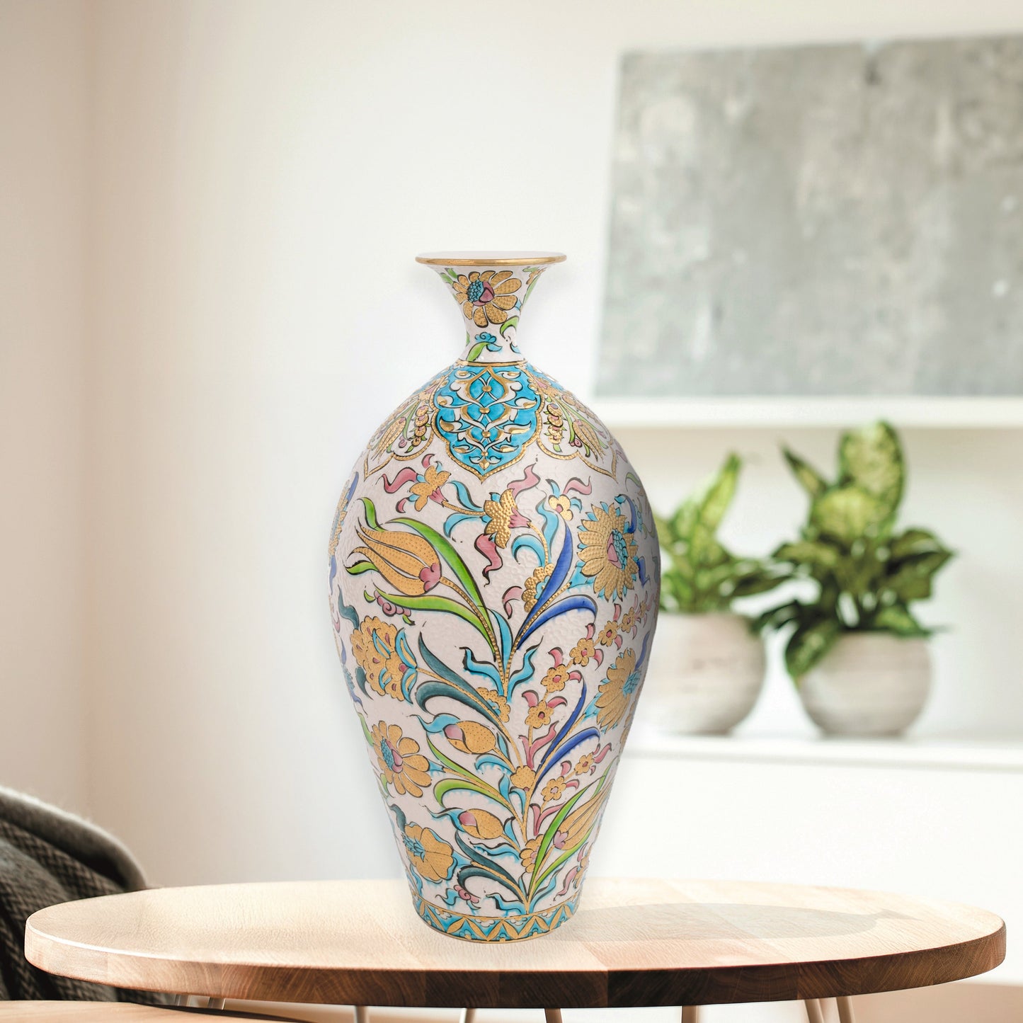 Hand-painted ceramic decorative bottle with pastel blossoms, golden tulips & Ottoman flourishes. Glossy glazed vase, artisan-made, perfect décor or gift.