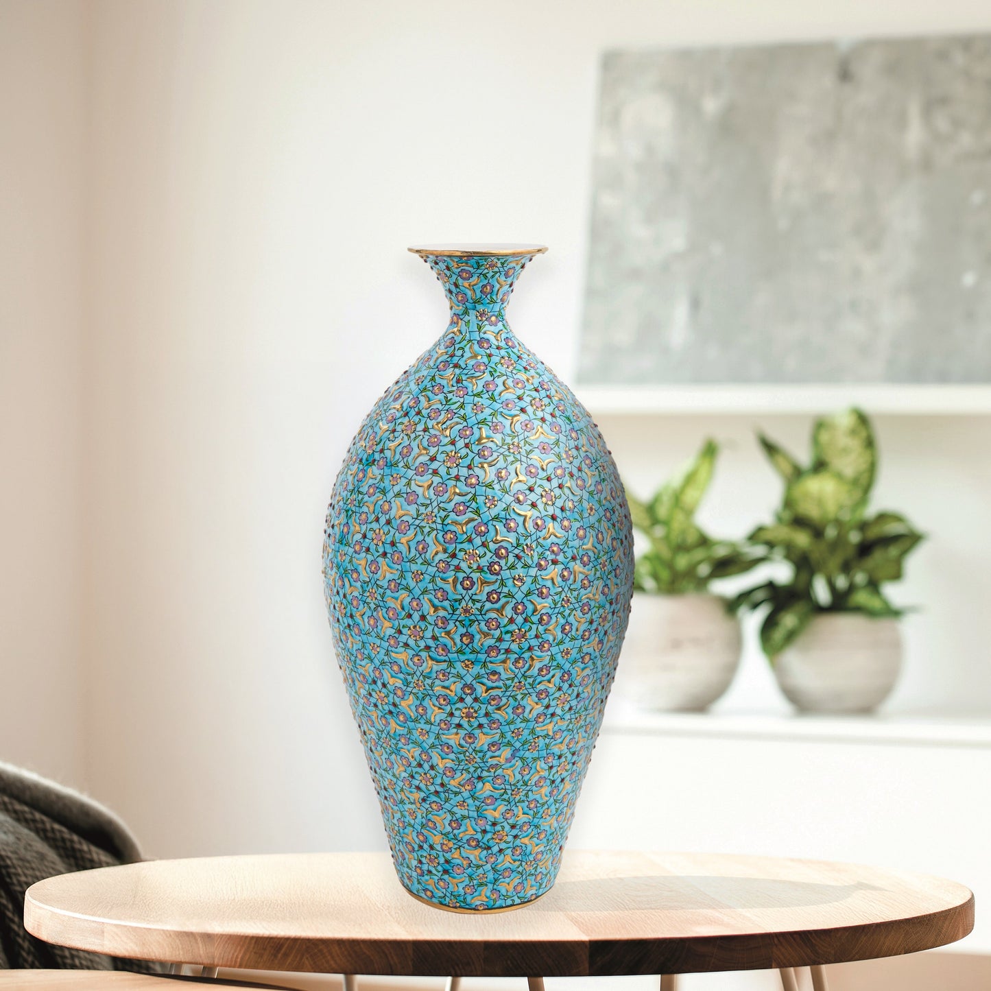 Hand-painted ceramic decorative bottle with floral motifs on turquoise base. Ottoman-inspired artisan vase, glossy glazed, perfect for décor or gifting.