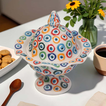 Colorful ceramic sugar bowl with a pattern on a table with cookies, coffee, and flowers.