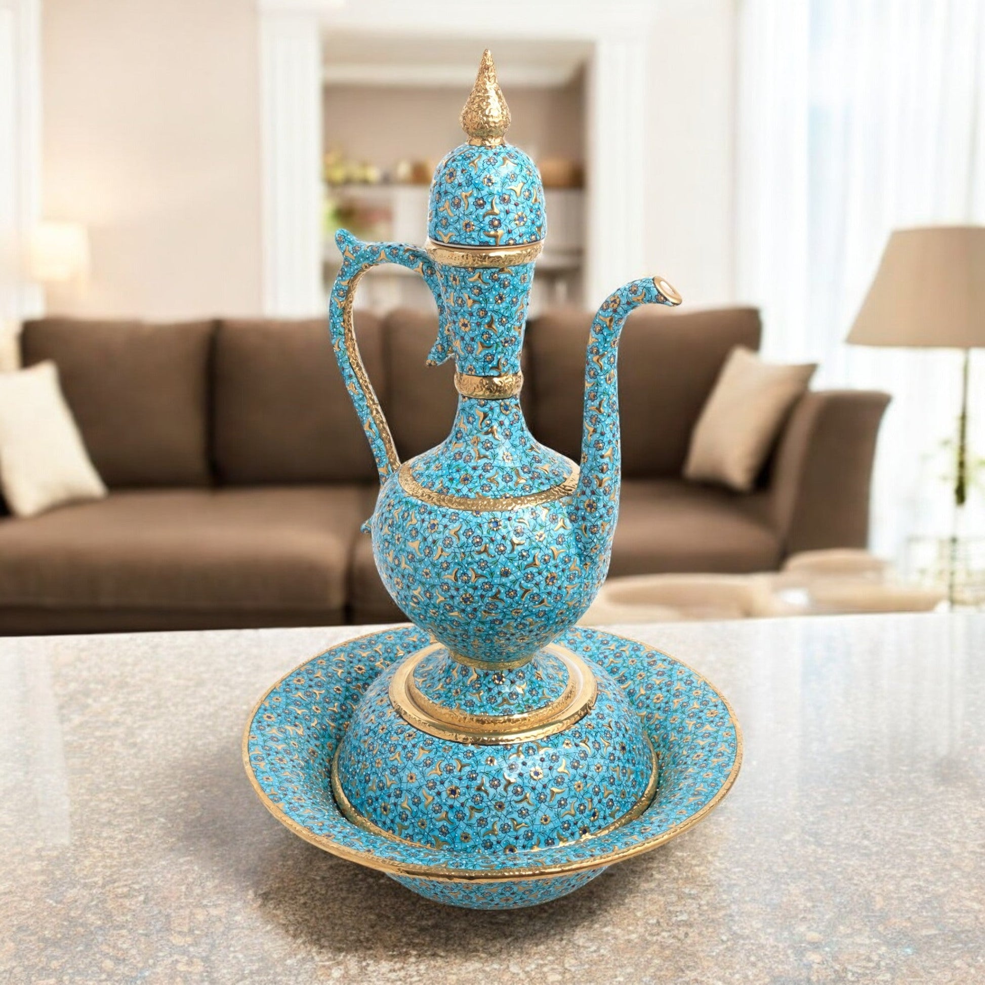 Hand-painted ceramic ewer and basin set with turquoise floral motifs and gold detailing. Tall Ottoman-inspired décor piece, perfect for display or gifting.