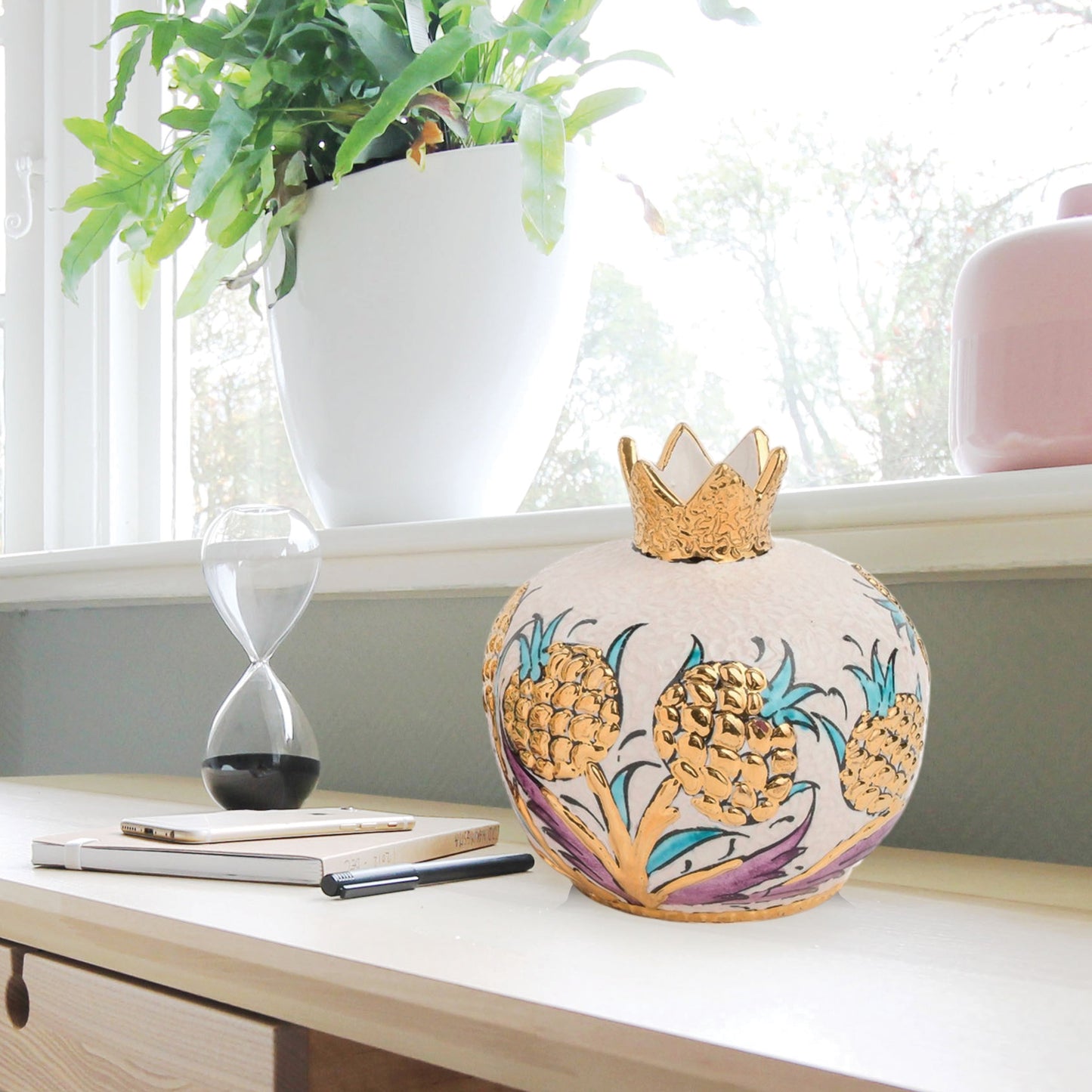 Handmade Ceramic Pomegranate Vase, Golden Vase Home Decor