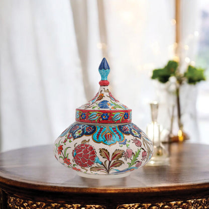 Hand-painted Vizier Bloom ceramic jar with vivid Ottoman floral motifs and turquoise finial lid. Wide-bodied artisan jar, perfect as candy bowl, décor, or gift.