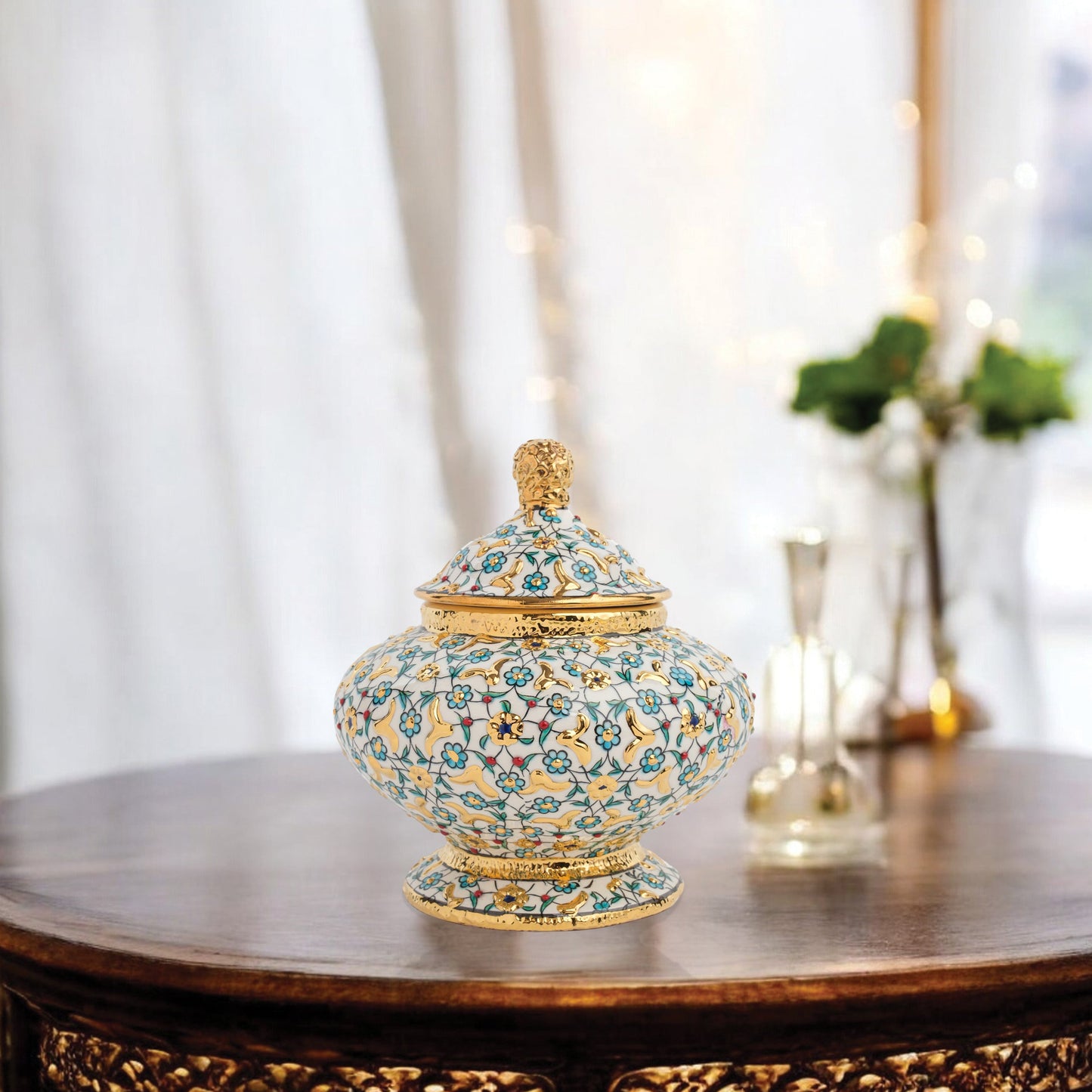 Hand-painted Golden Bloom ceramic jar with turquoise flowers and gold accents. Lidded artisan jar, perfect as honey pot, candy bowl, or luxury décor gift.