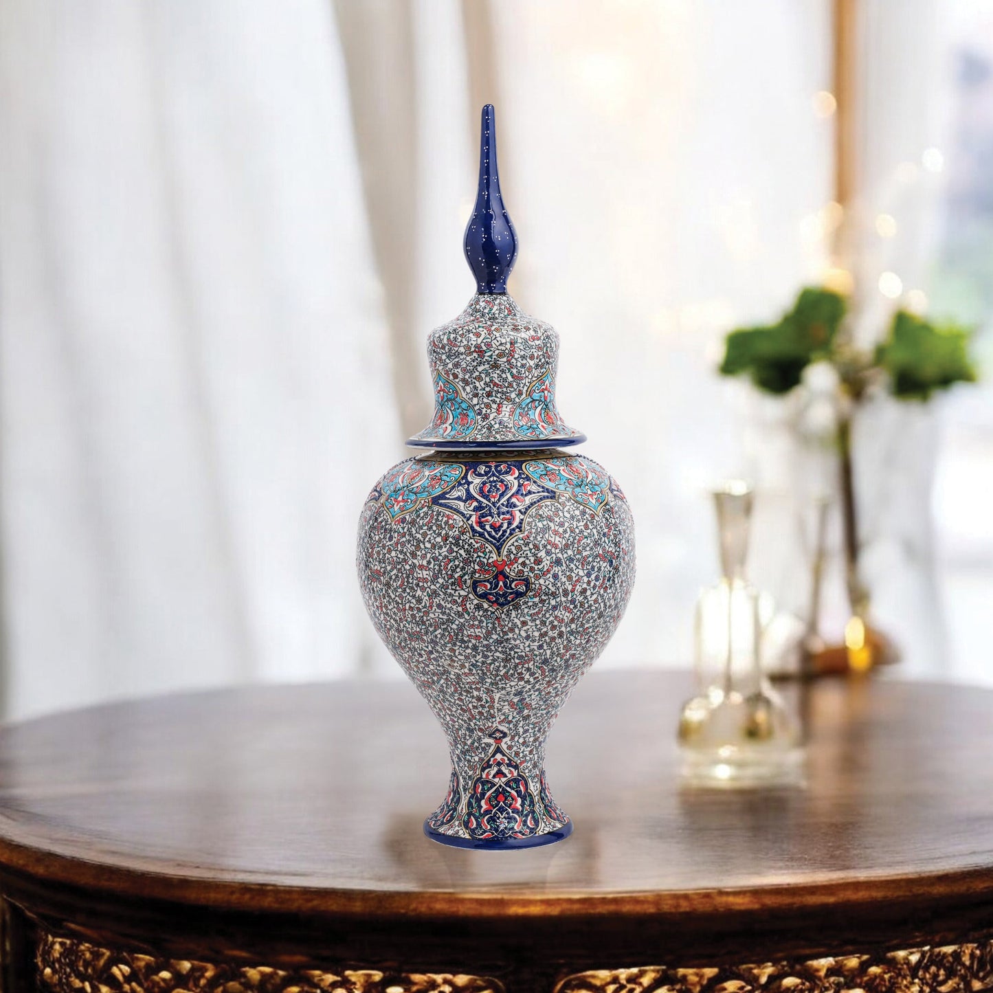 Hand-painted Sultan Elegance ceramic jar with Ottoman floral motifs in navy, teal & crimson. Tall finial lid design, artisan-made, perfect décor or gift.