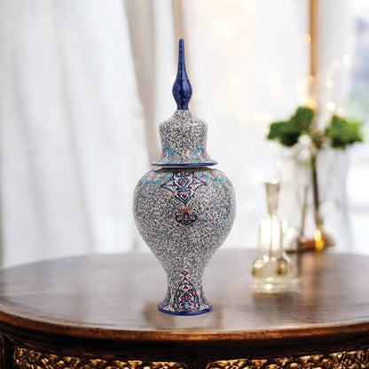 Hand-painted Sultan Elegance ceramic jar with Ottoman floral motifs in navy, teal & crimson. Tall finial lid design, artisan-made, perfect décor or gift.
