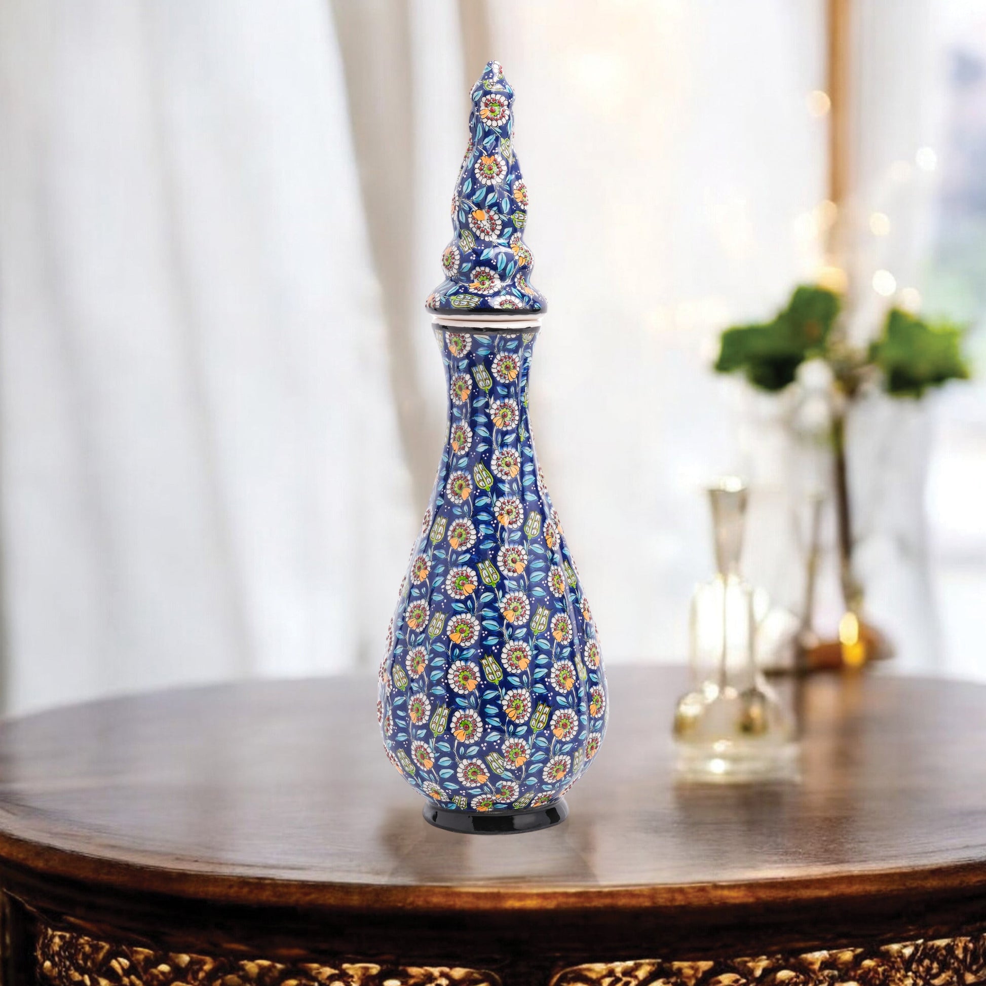 Hand-painted Nightingale’s Eye ceramic vase with Ottoman floral motifs on navy. Elegant tall form with lid, artisan-crafted, perfect décor or gift.