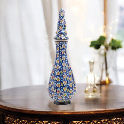 Hand-painted Nightingale’s Eye ceramic vase with Ottoman floral motifs on navy. Elegant tall form with lid, artisan-crafted, perfect décor or gift.