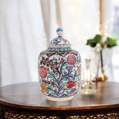 Hand-painted Garden Bloom ceramic jar with multicolor Ottoman floral motifs. Tall canister design, artisan-made, perfect for storage, décor, or gifting.