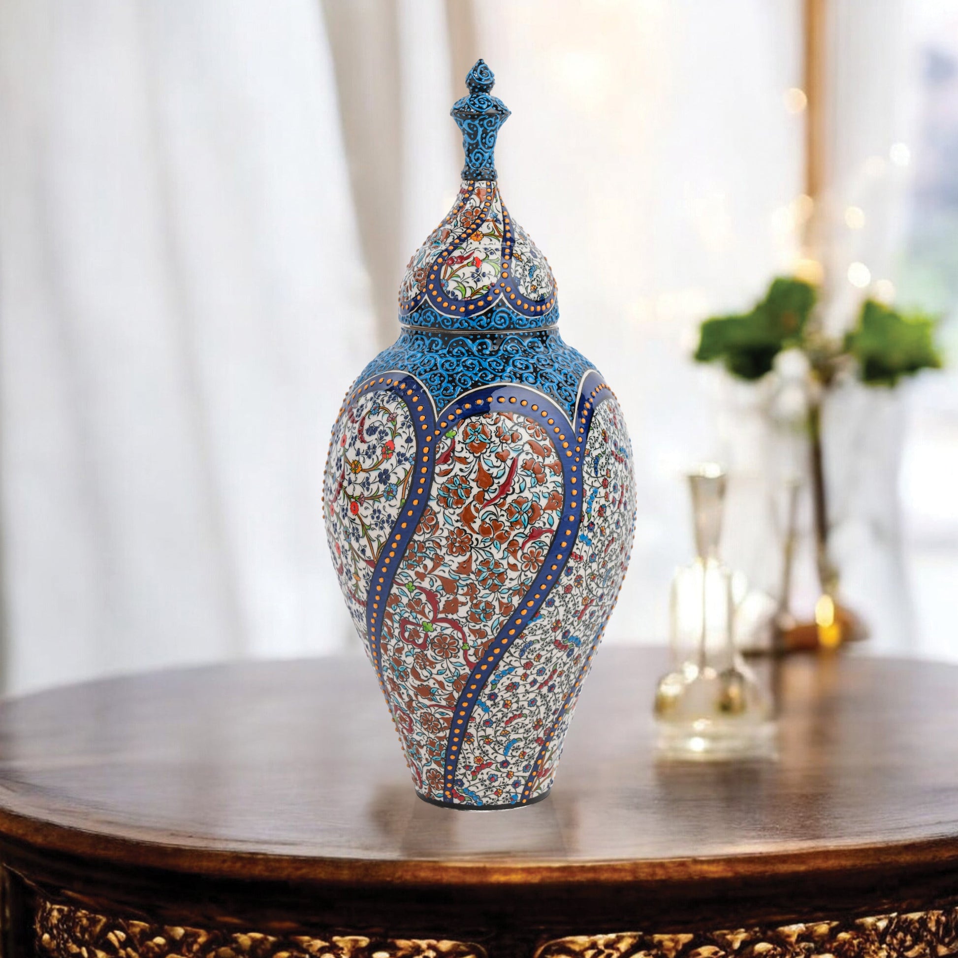 Hand-painted Vizier Mosaic ceramic canister with Ottoman floral tile motifs in cobalt, turquoise & earth tones. Tall lidded vase, perfect décor or gift.