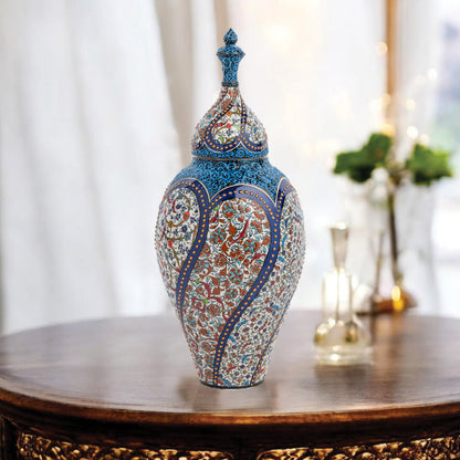 Hand-painted Vizier Mosaic ceramic canister with Ottoman floral tile motifs in cobalt, turquoise & earth tones. Tall lidded vase, perfect décor or gift.