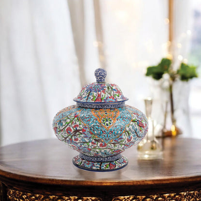 Hand-painted Royal Ornament ceramic jar with Ottoman floral and geometric motifs in turquoise, orange & navy. Wide artisan jar, perfect décor or luxury gift.