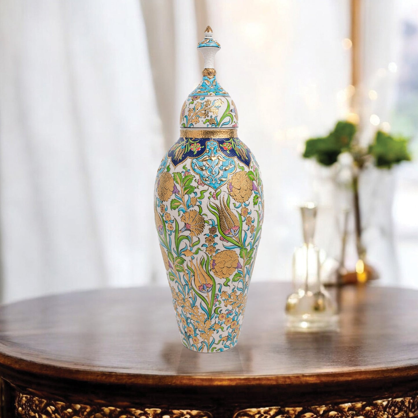 Hand-painted Vizier Blossom ceramic canister with golden Ottoman florals, tulips & hyacinths. Tall lidded vase with glossy glaze, perfect décor or gift.