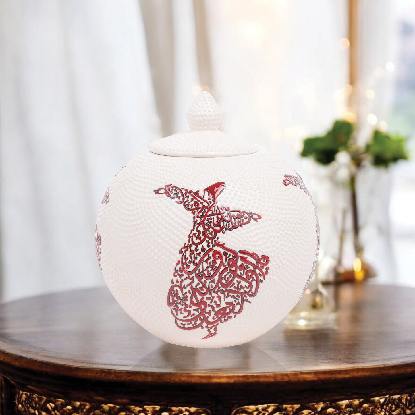 Hand-painted Whirling Dervish ceramic globe jar with Arabic calligraphy design. Available in red or blue, artisan-made, perfect for spiritual décor or gifts.