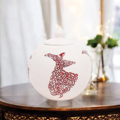 Hand-painted Whirling Dervish ceramic globe jar with Arabic calligraphy design. Available in red or blue, artisan-made, perfect for spiritual décor or gifts.
