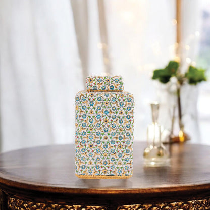 Handmade Ceramic Jar, Turquoise Bloom Decorative Jar with Lid, Ceramic Square Jar