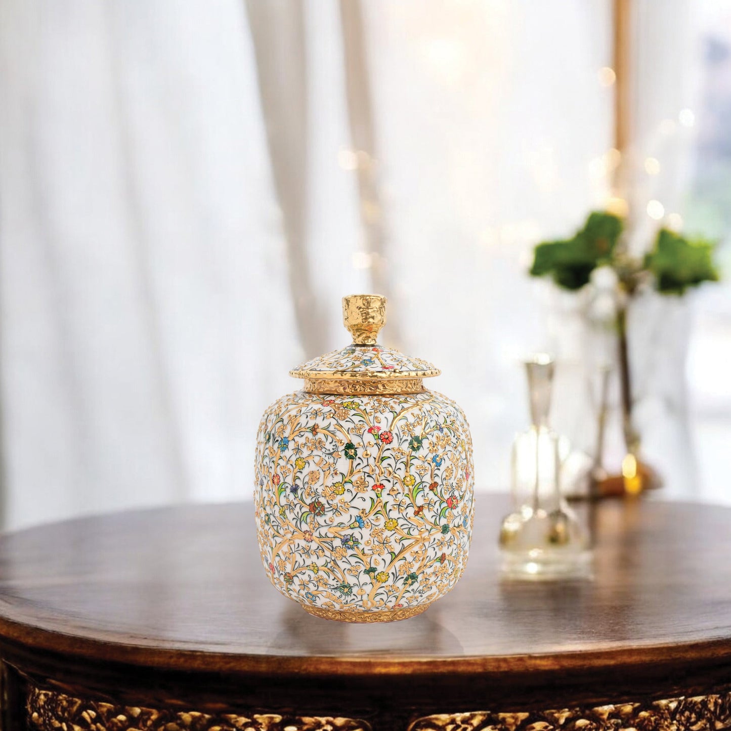 Hand-painted Golden Blossom ceramic jar with colorful floral motifs and gold accents. Lidded artisan jar, ideal for honey, ginger, spices, or elegant décor.