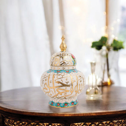 Hand-painted Vizier Bloom ceramic jar with vivid Ottoman floral motifs and turquoise finial lid. Wide-bodied artisan jar, perfect as candy bowl, décor, or gift.
