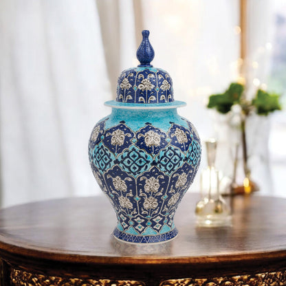 Handmade Ceramic Jar, Ottoman Blue Decorative Jar with Lid, Ceramic Ginger Jar