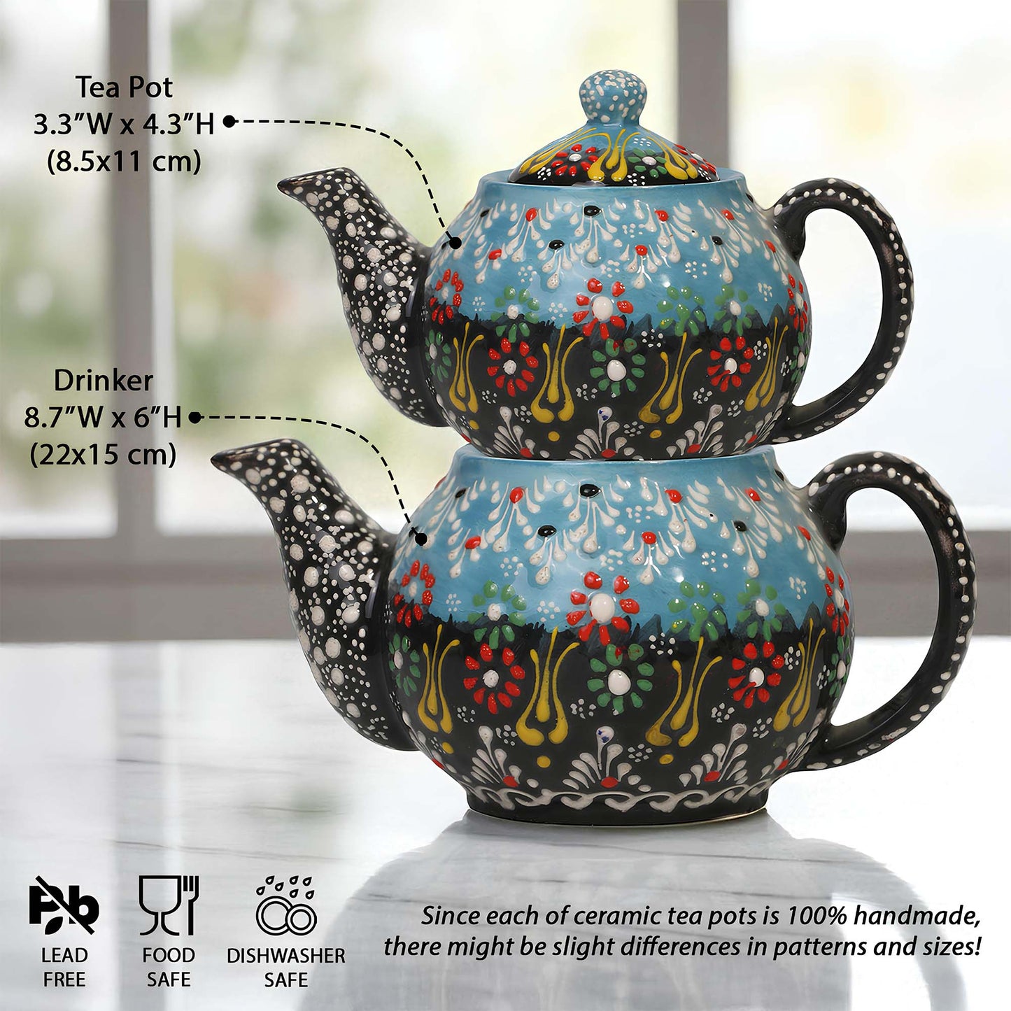 Decorative ceramic teapot with floral patterns on a white surface, with measurements and safety information.