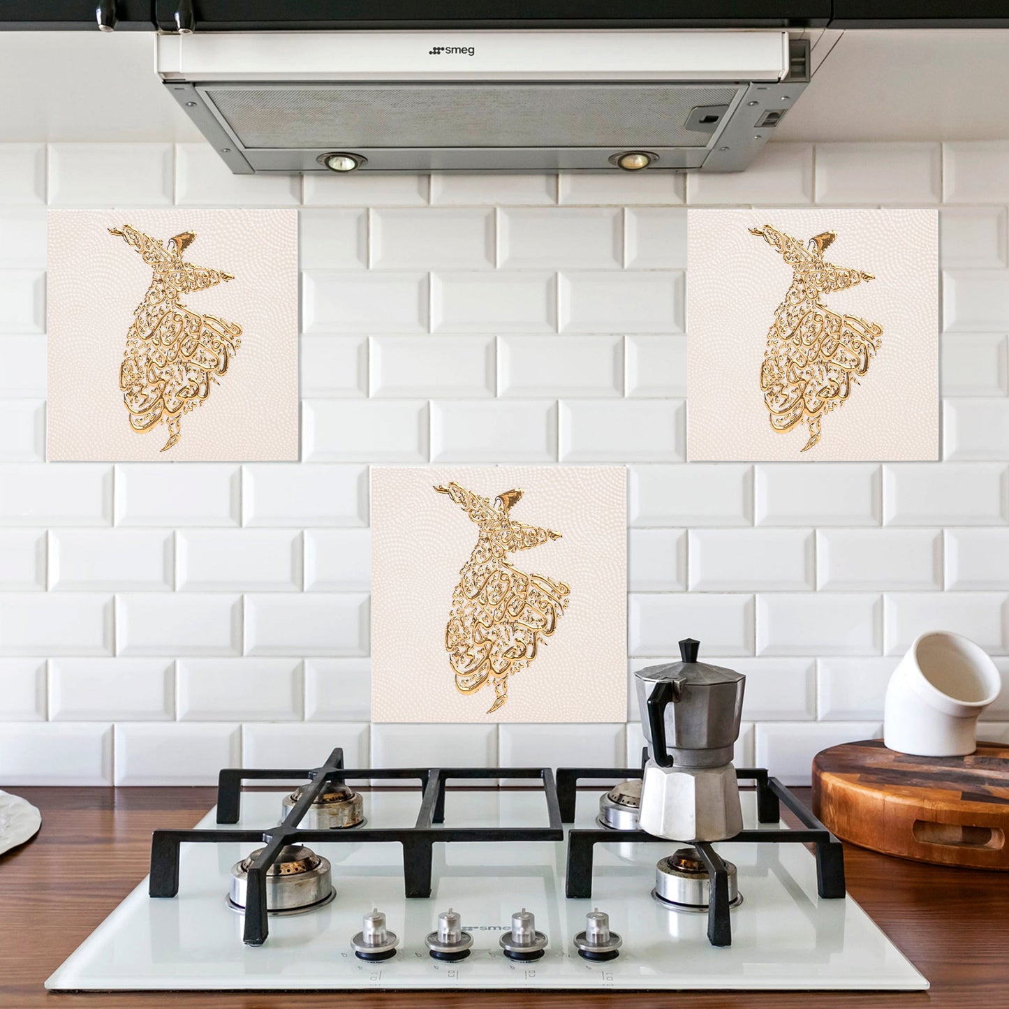 Decorative ceramic tiles with Arabic calligraphy above a stove in a kitchen.