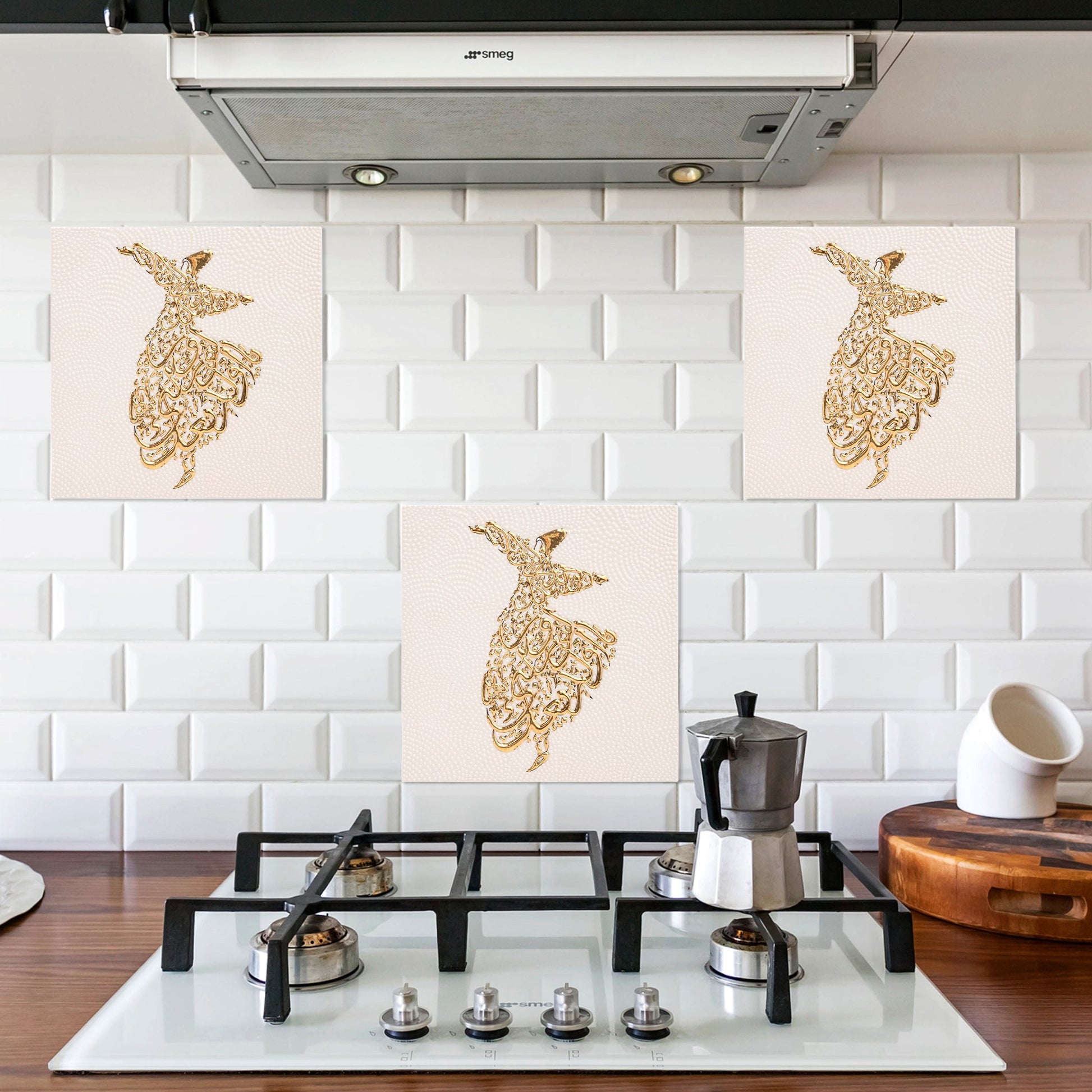 Decorative ceramic tiles with Arabic calligraphy above a stove in a kitchen.