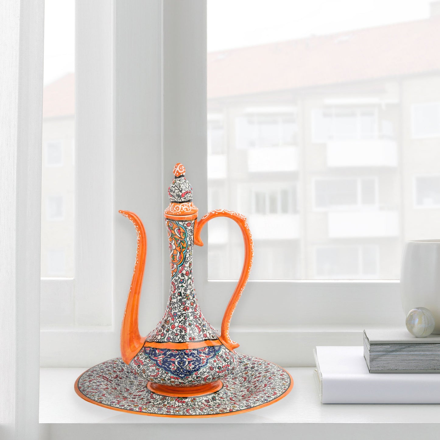 Hand-painted ceramic ewer and basin set with vivid orange accents and Ottoman floral motifs. Decorative artisan piece, 40 cm tall, perfect for cultural décor.