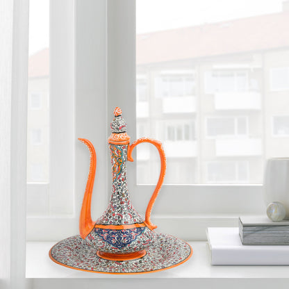 Hand-painted ceramic ewer and basin set with vivid orange accents and Ottoman floral motifs. Decorative artisan piece, 40 cm tall, perfect for cultural décor.