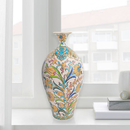 Hand-painted ceramic decorative bottle with pastel blossoms, golden tulips & Ottoman flourishes. Glossy glazed vase, artisan-made, perfect décor or gift.