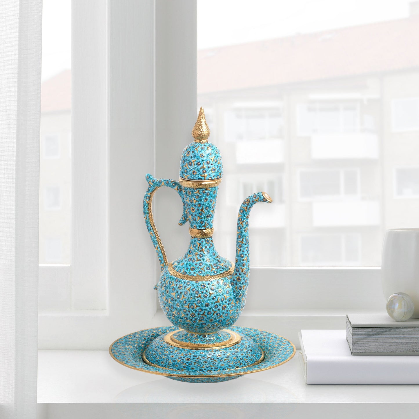 Hand-painted ceramic ewer and basin set with turquoise floral motifs and gold detailing. Tall Ottoman-inspired décor piece, perfect for display or gifting.