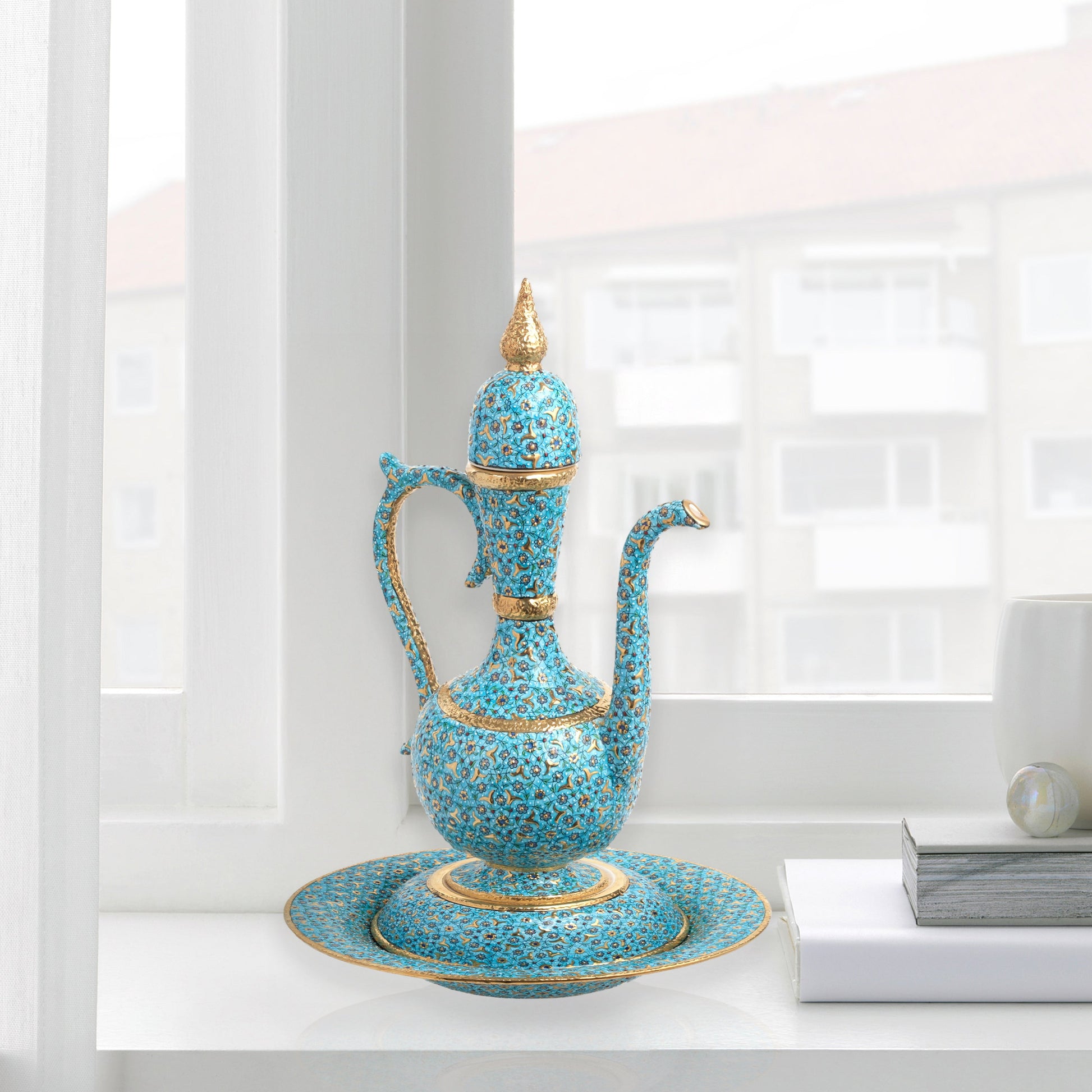 Hand-painted ceramic ewer and basin set with turquoise floral motifs and gold detailing. Tall Ottoman-inspired décor piece, perfect for display or gifting.