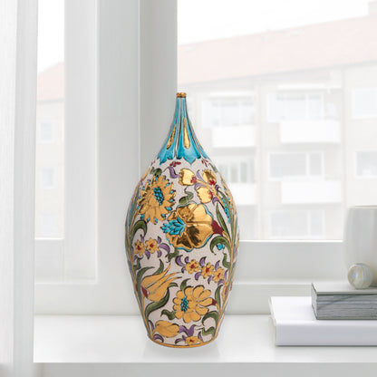 Hand-painted ceramic decorative bottle with Ottoman floral motifs and golden accents. Glossy glazed vase, artisan-made, perfect for elegant décor or gifts.