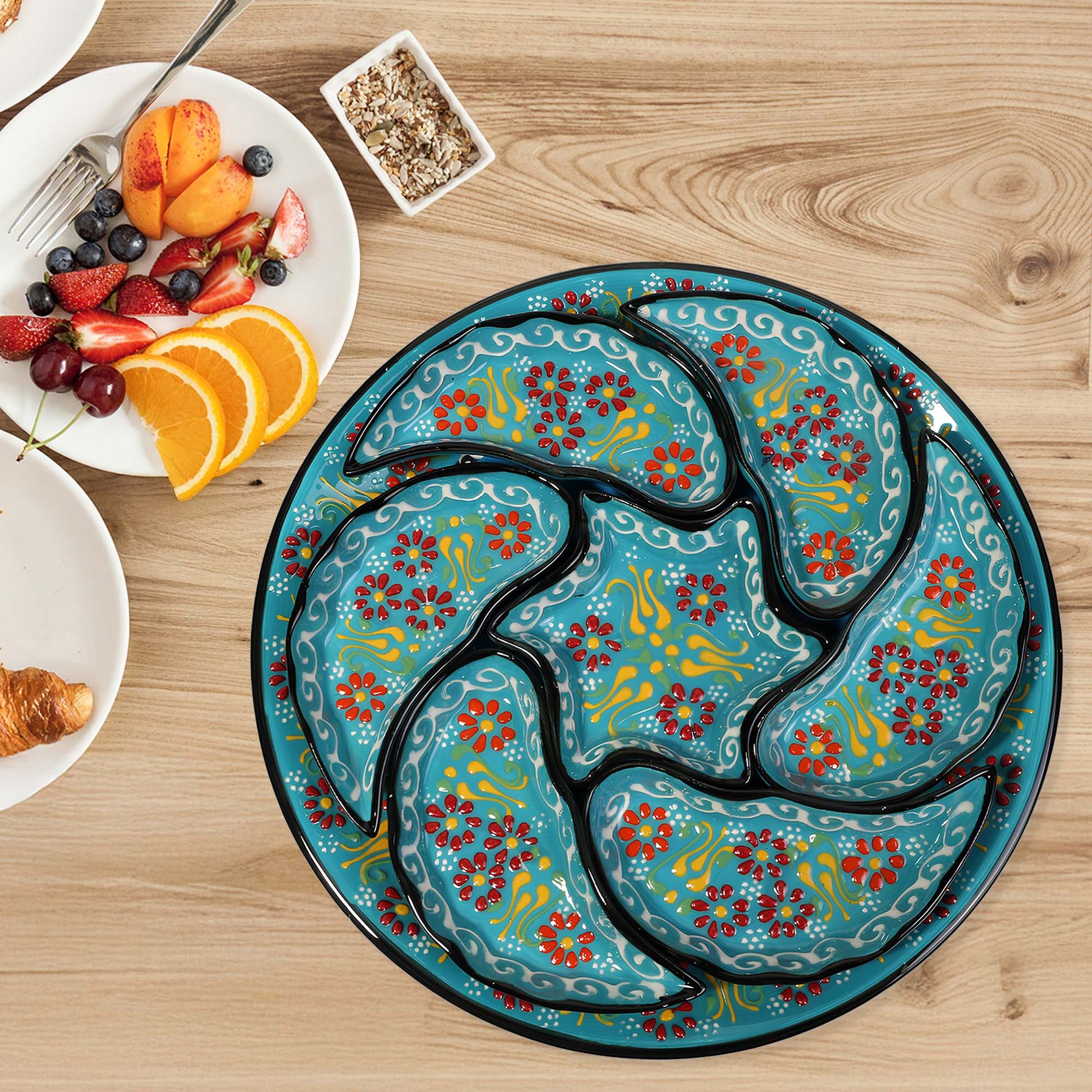 Turquoise Turkish floral ceramic snack serving tray set, 8-piece handmade platter with red and yellow floral motifs, artisan appetizer dish set
