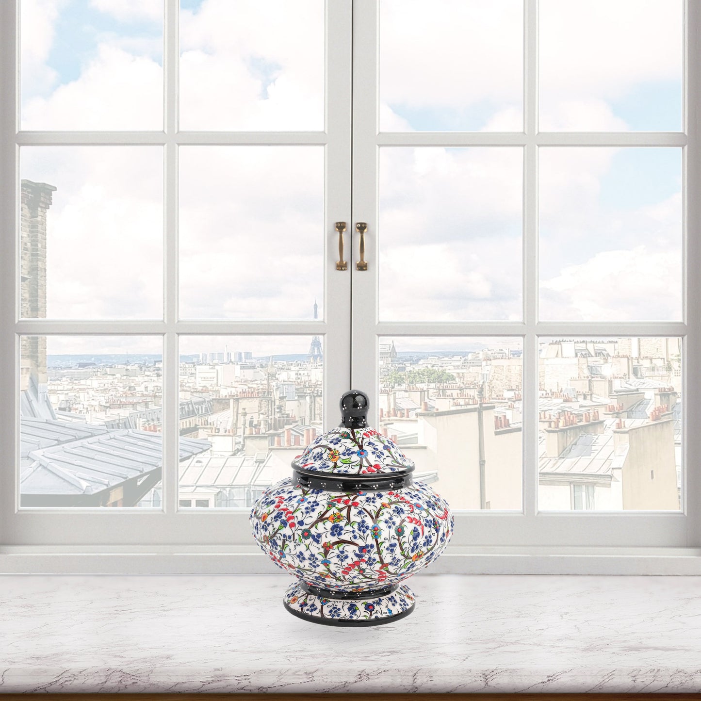 Hand-painted Floral Meadow ceramic jar with multicolor wildflowers on white, black rim & finial. Lidded artisan jar, perfect as honey pot, candy bowl, or gift.