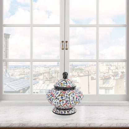 Hand-painted Floral Meadow ceramic jar with multicolor wildflowers on white, black rim & finial. Lidded artisan jar, perfect as honey pot, candy bowl, or gift.