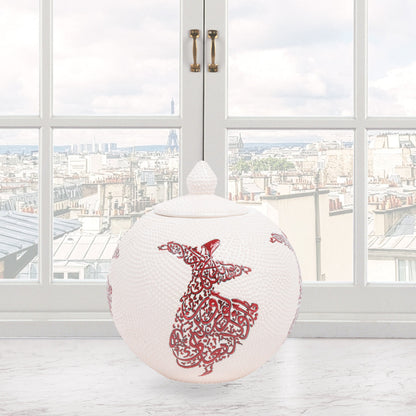 Handmade Ceramic Jar, Red Whirling Dervish Decorative Jar with Lid, Ceramic Globe Jar