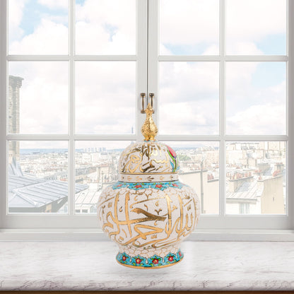 Hand-painted Vizier Bloom ceramic jar with vivid Ottoman floral motifs and turquoise finial lid. Wide-bodied artisan jar, perfect as candy bowl, décor, or gift.