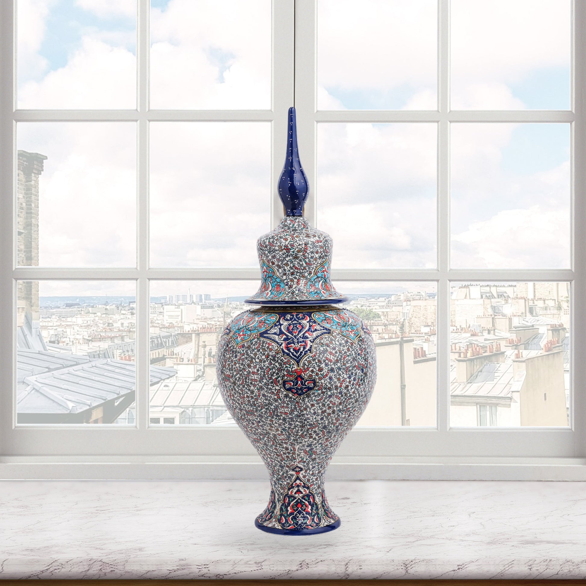 Hand-painted Sultan Elegance ceramic jar with Ottoman floral motifs in navy, teal & crimson. Tall finial lid design, artisan-made, perfect décor or gift.