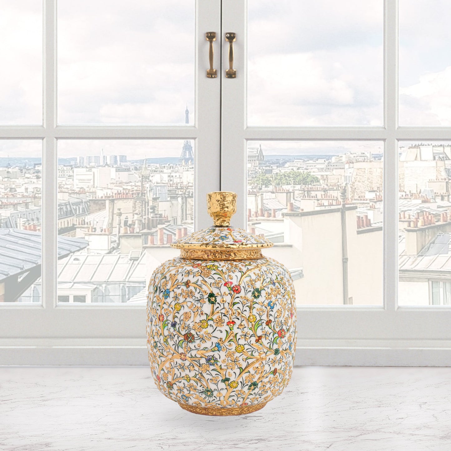 Hand-painted Golden Blossom ceramic jar with colorful floral motifs and gold accents. Lidded artisan jar, ideal for honey, ginger, spices, or elegant décor.